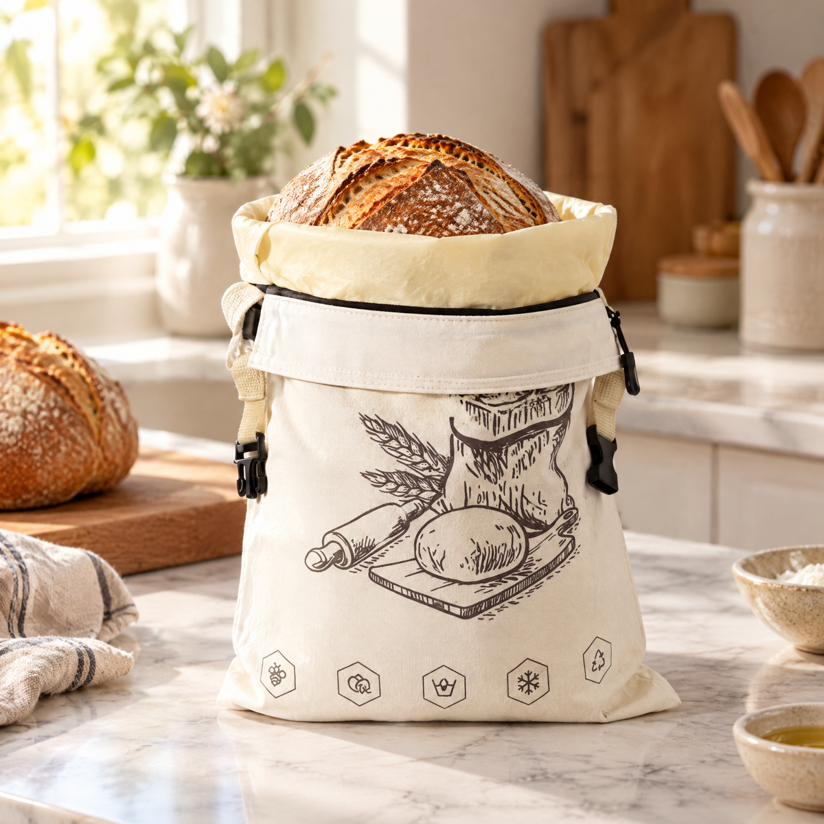 Sand Beige beeswax bread bag on a kitchen counter