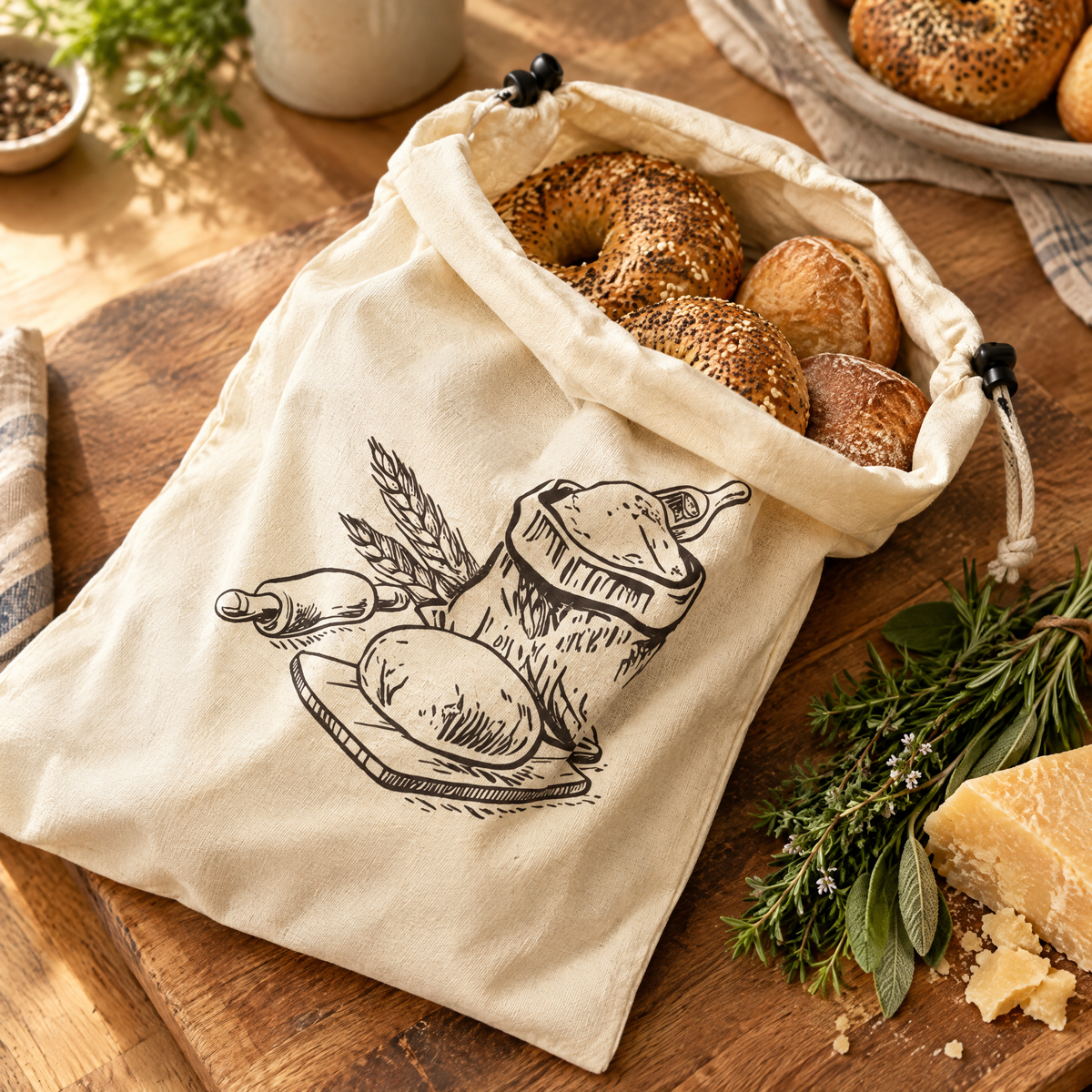 Bread bag with bagels, cheese and herbs
