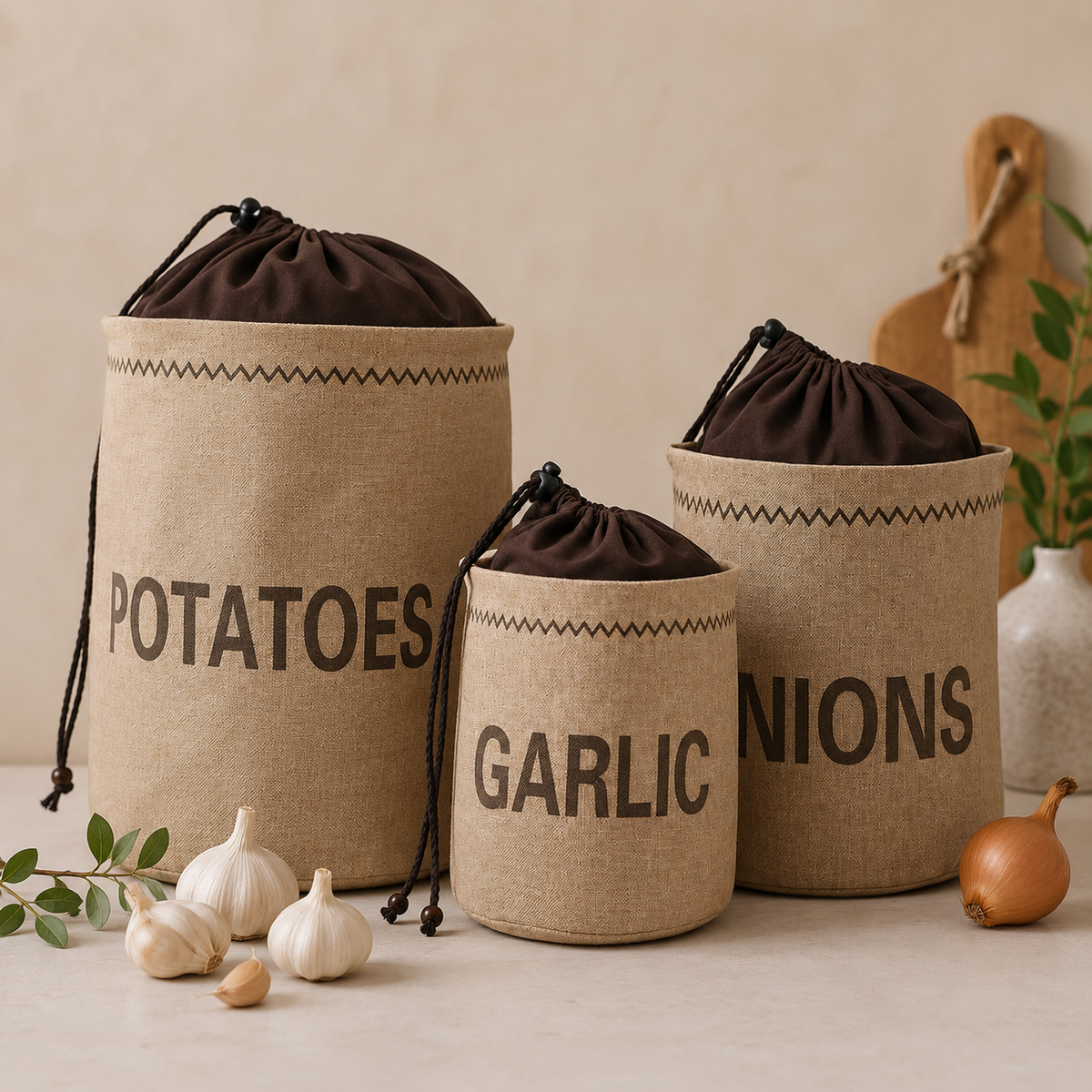 Pantry keeper storage bags for potatoes, onions and garlic