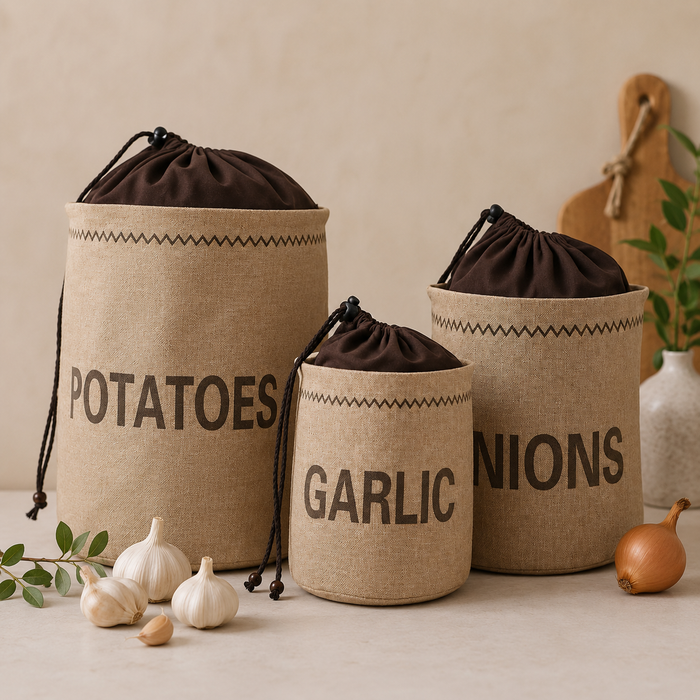 Pantry keeper storage bags for potatoes, onions and garlic