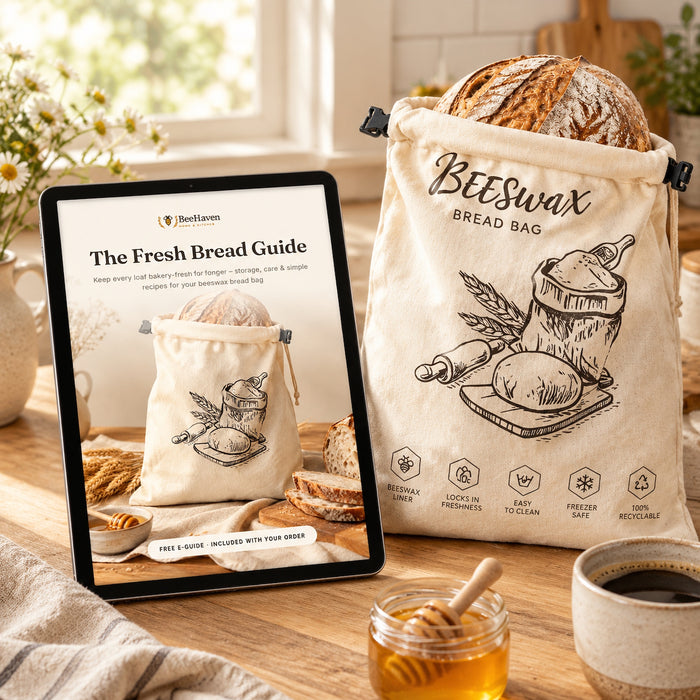 The Fresh Bread Guide e-book on a tablet next to the BeeHaven beeswax bread bag